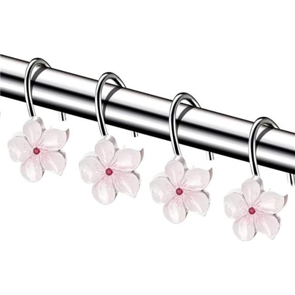 White Shower Curtain Hooks Set of 12 White & Pink Flower Shower Curtain Hooks - Picture 1 of 7